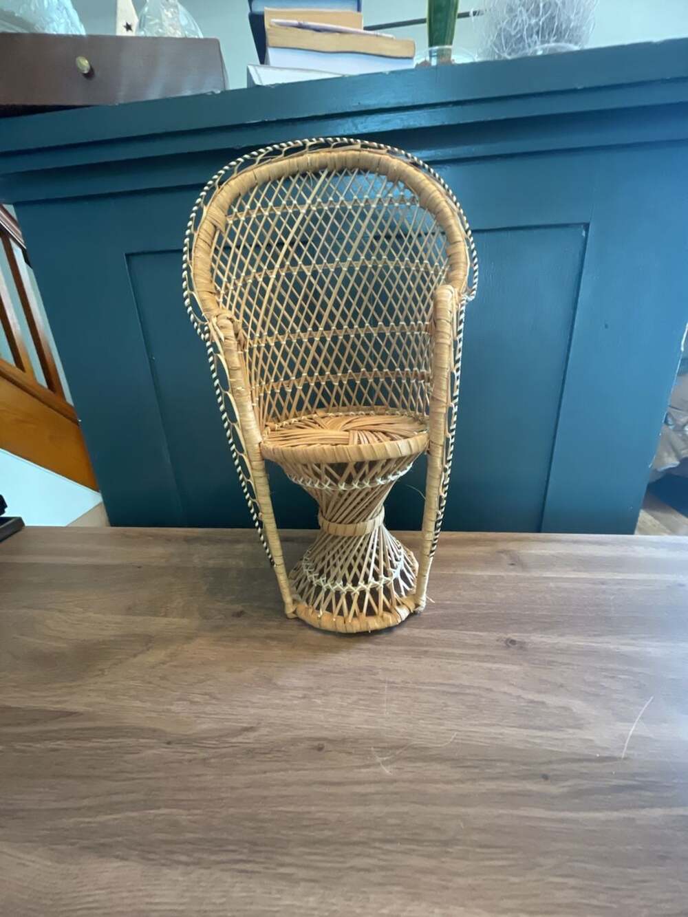 Vintage Boho Wicker Rattan Mini Peacock Chair Plant Stand, Doll Chair